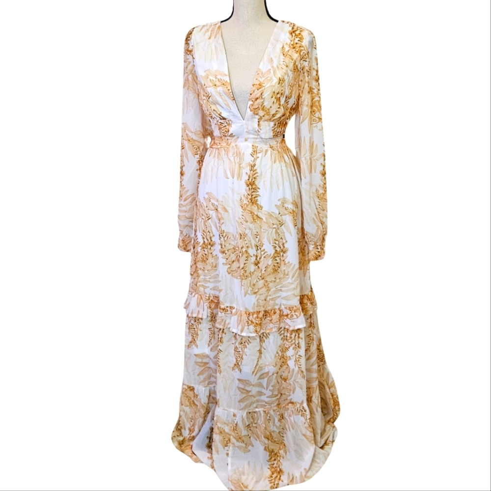 Mulla Gold & White Floral Maxi Dress W/ Cut-Out,Large, NWT